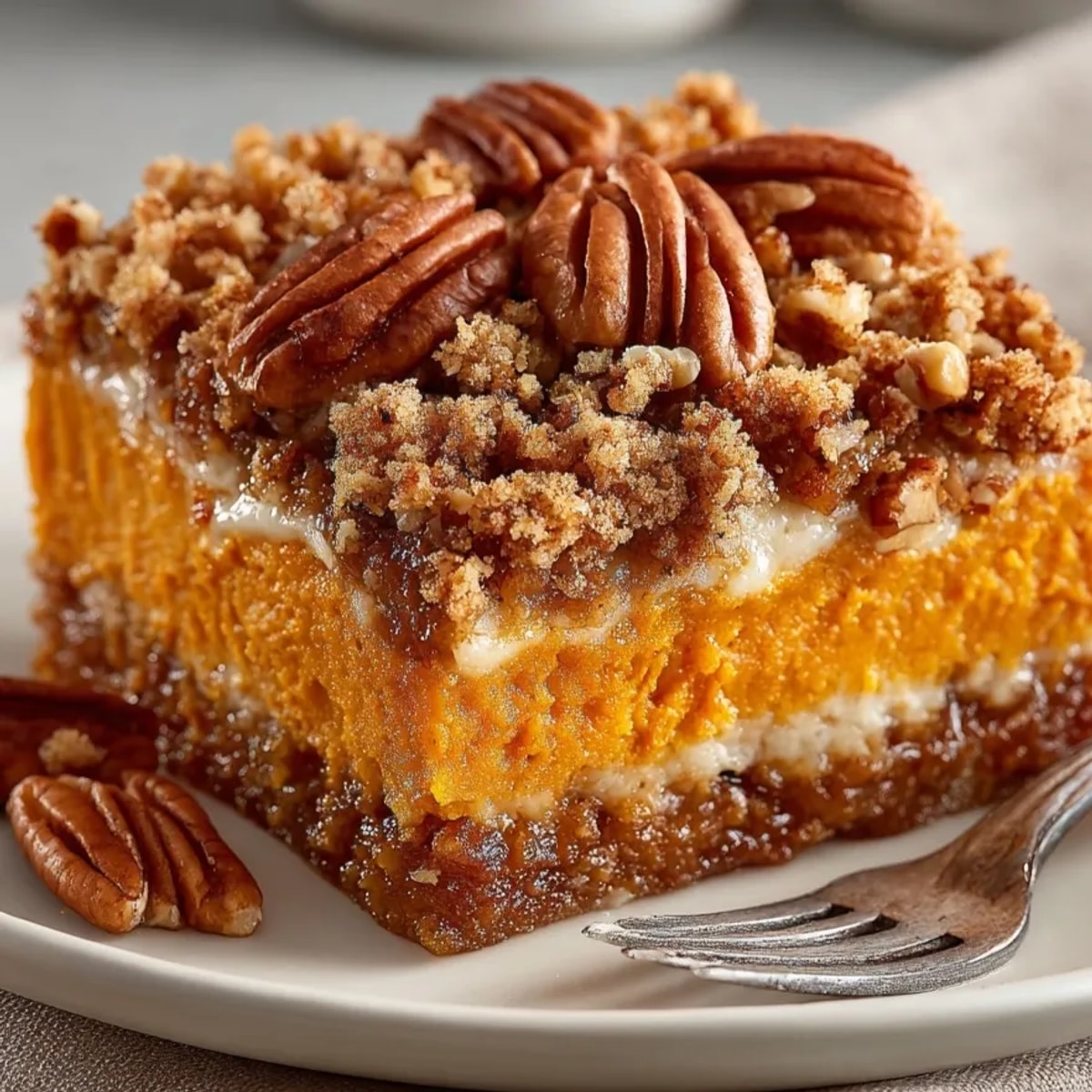 Maple Bourbon Brown Butter Sweet Potato Casserole topped with golden, crunchy pecans in a festive baking dish.