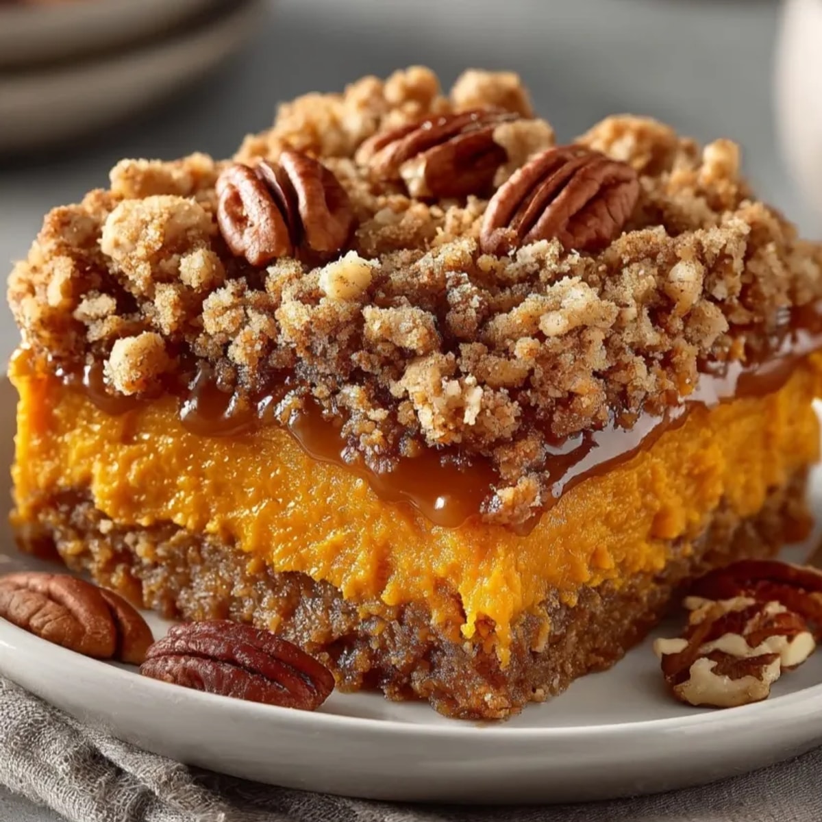 Creamy Maple Bourbon Brown Butter Sweet Potato Casserole steaming hot, ready for Thanksgiving dinner.