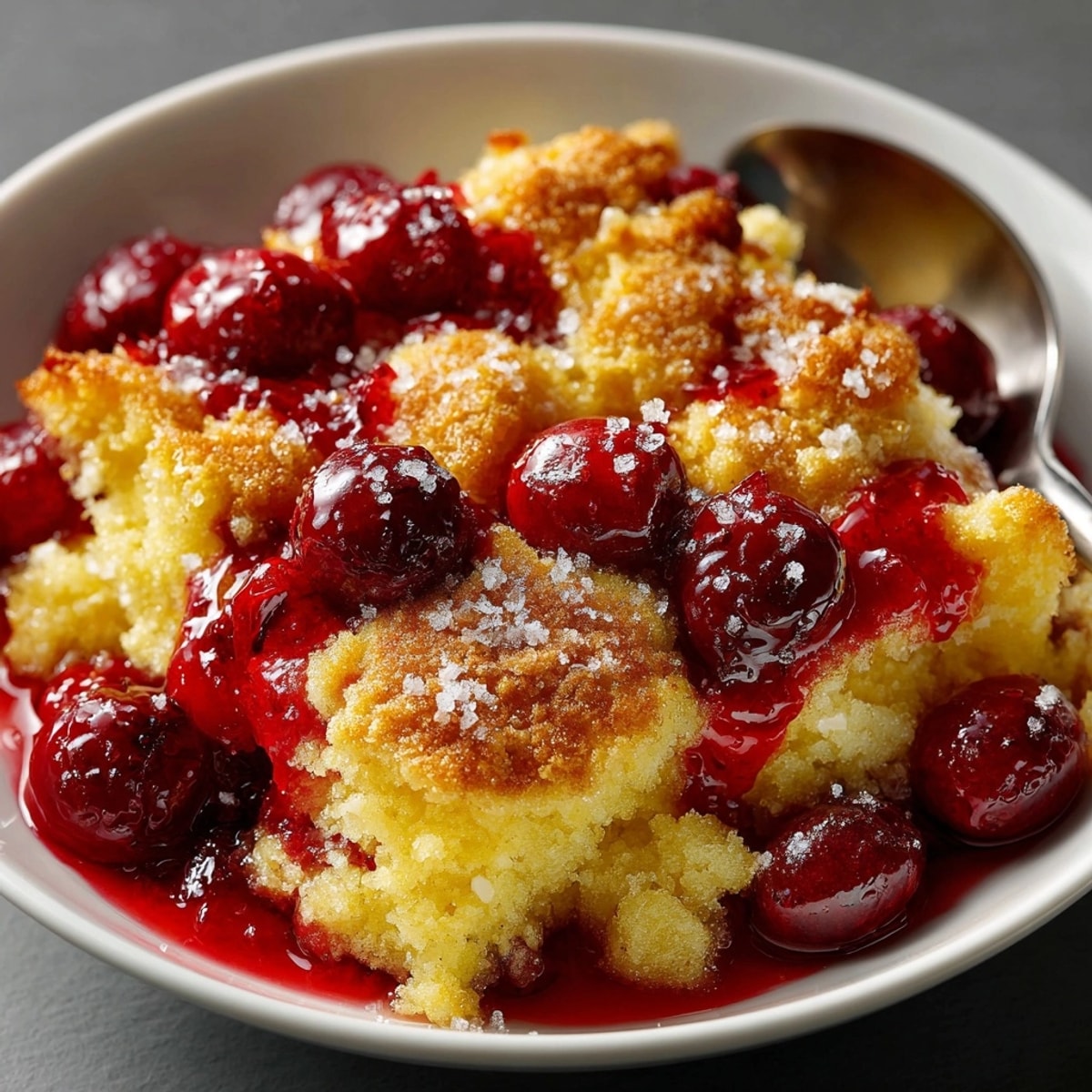 Five-Ingredient Cranberry Orange Dump Cake fresh from the oven, bubbling with golden, crisp topping.