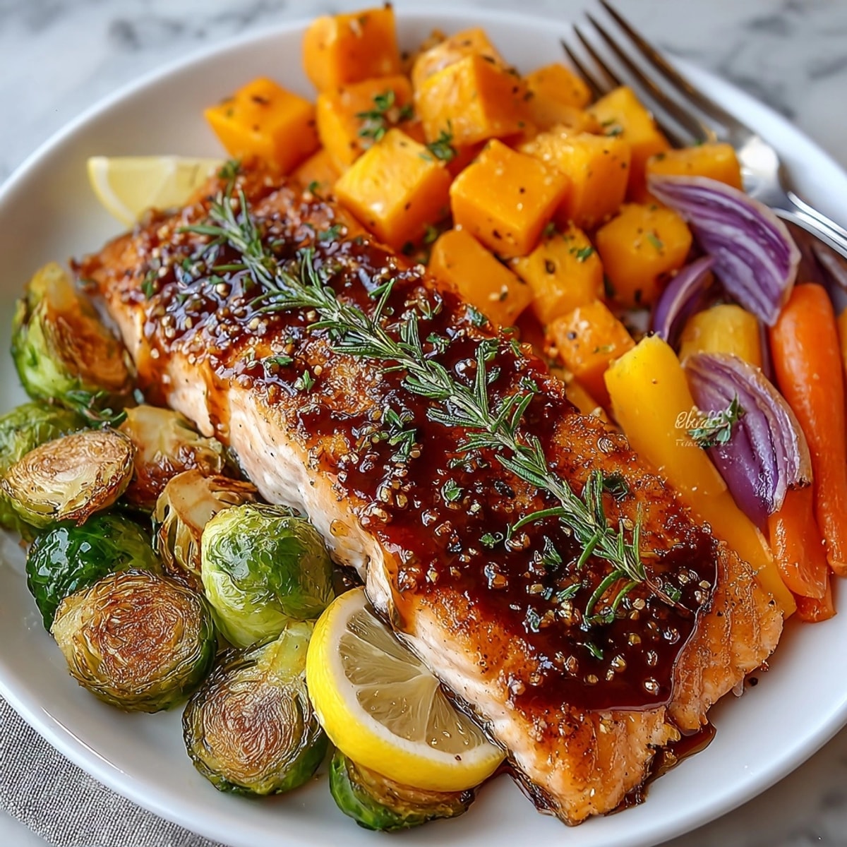 Sheet Pan Honey Garlic Salmon with Winter Vegetables arranged on a pan, glistening with sweet glaze and rustic herbs.