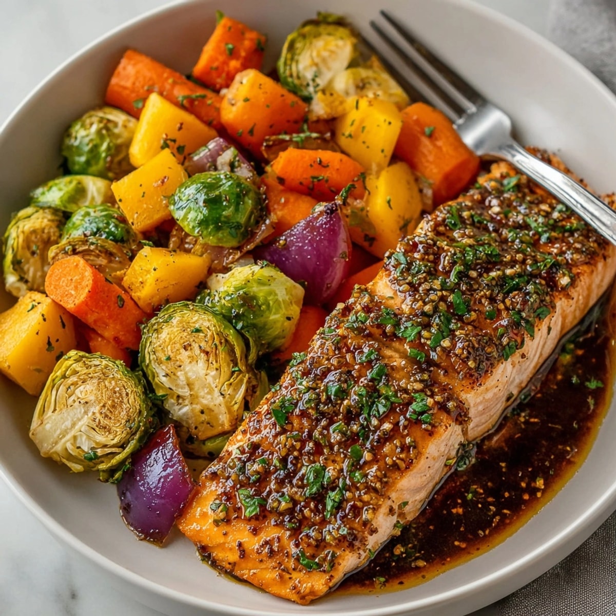 Golden roasted Sheet Pan Honey Garlic Salmon with Winter Vegetables, surrounded by caramelized carrots and Brussels sprouts.