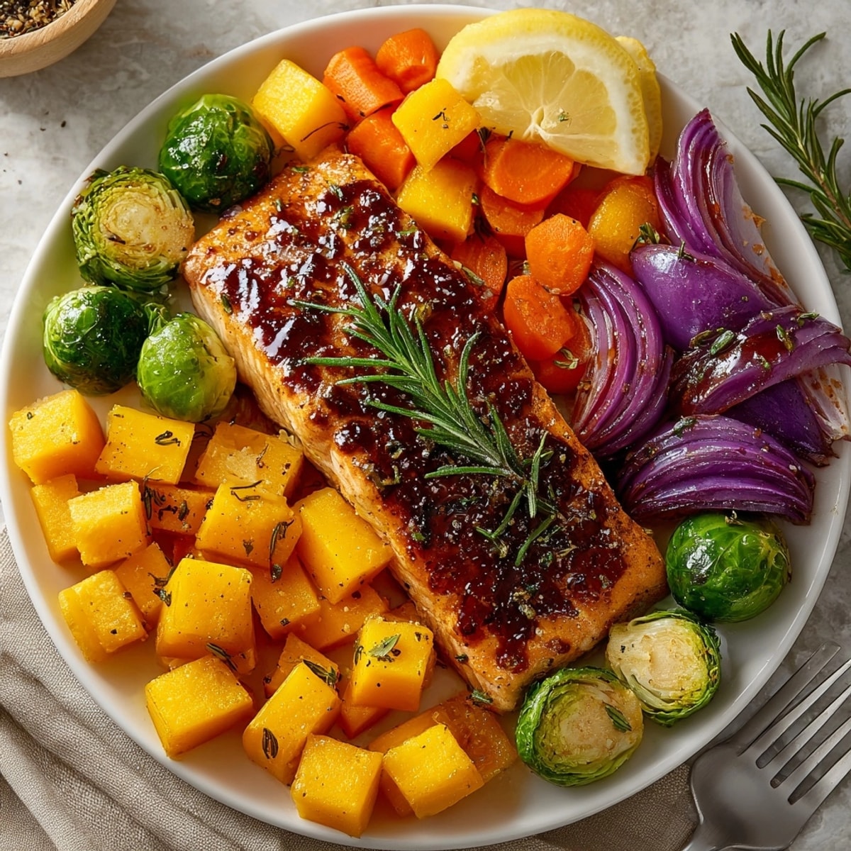 Hearty Sheet Pan Honey Garlic Salmon with Winter Vegetables served hot, perfect for a cozy family dinner.