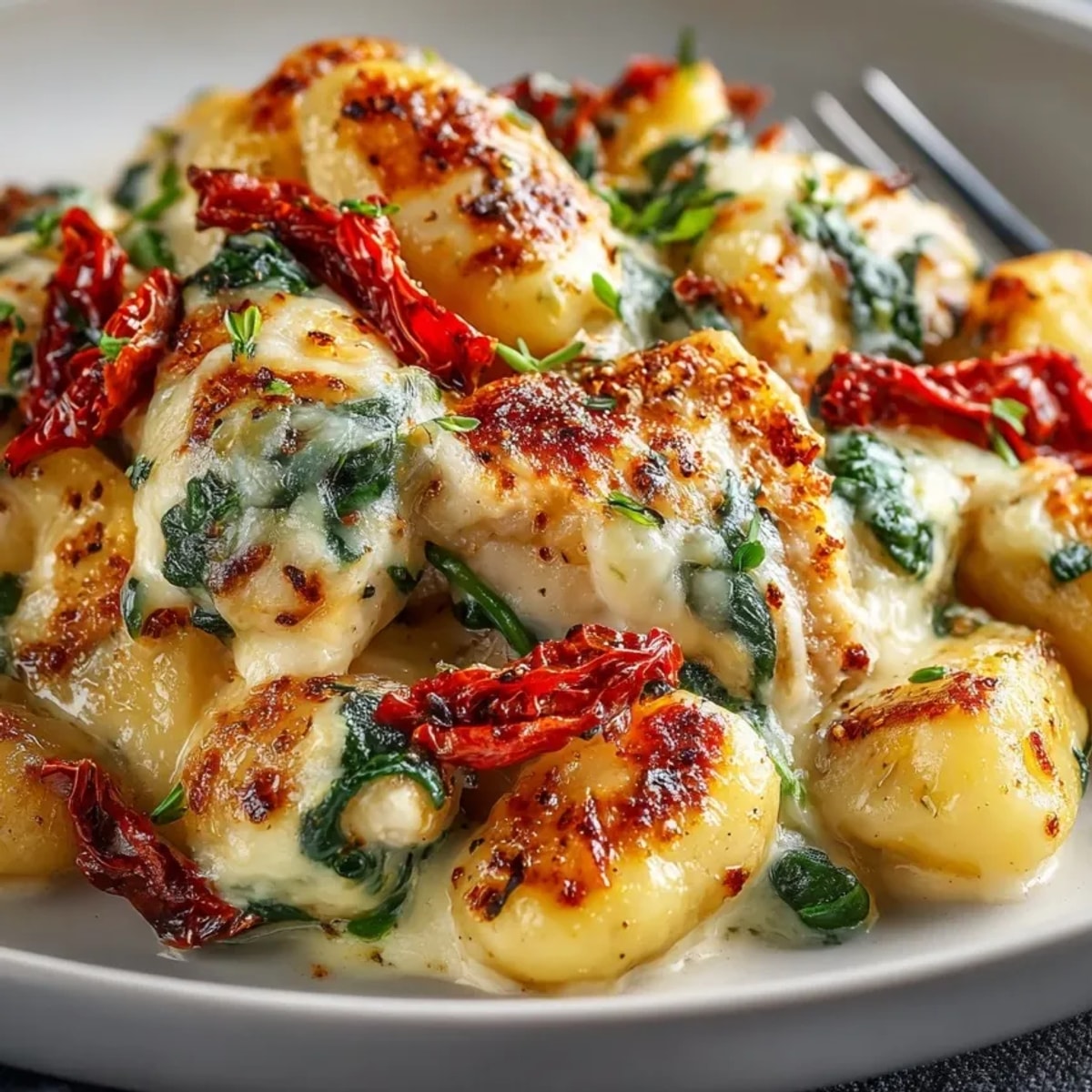 Creamy One-Pan Tuscan Chicken Gnocchi Bake bubbling in a golden skillet, ready to serve.