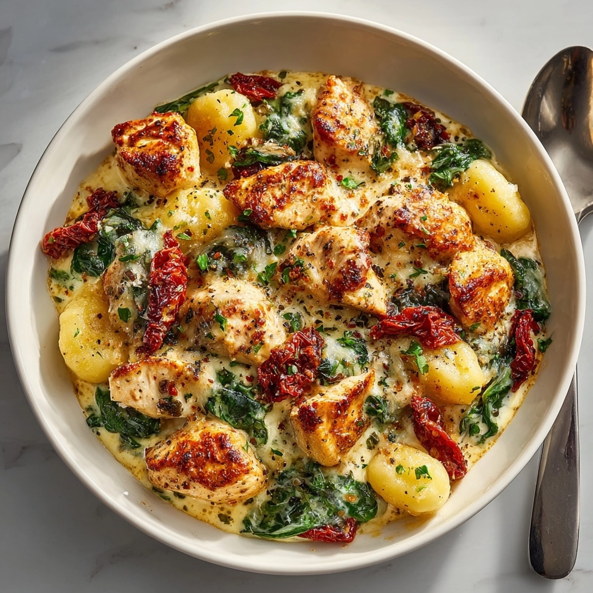 Rustic One-Pan Tuscan Chicken Gnocchi Bake featuring tender chicken, sun-dried tomatoes, and pillowy gnocchi.