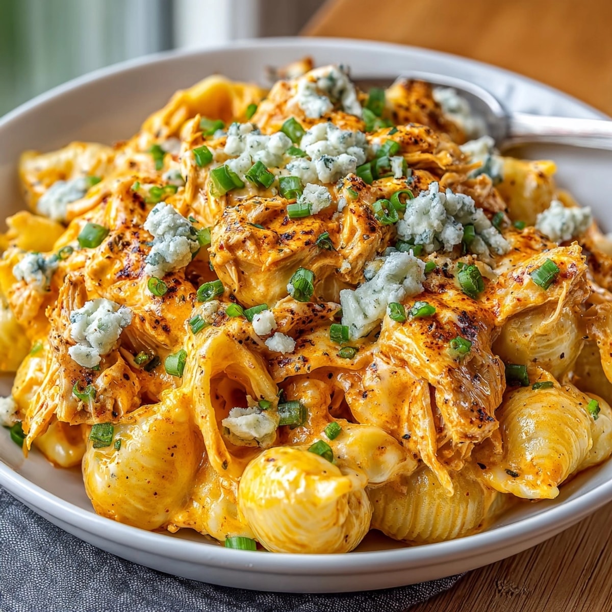 Creamy slow cooker buffalo chicken mac and cheese with melty cheese and spicy sauce.