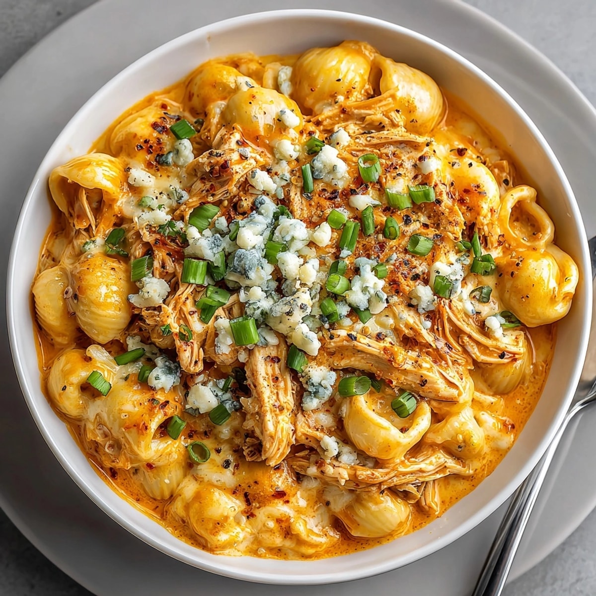 Hearty bowl of slow cooker buffalo chicken mac and cheese topped with green onions.