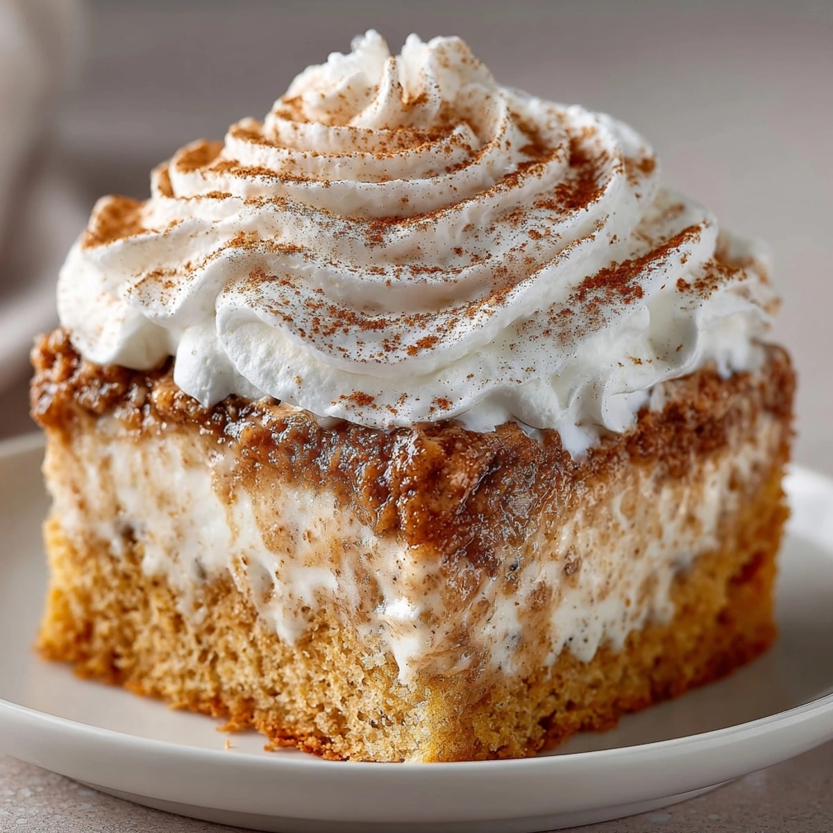 Slices of pumpkin spice tres leches cake topped with whipped cream and cinnamon, served chilled on a festive fall table.