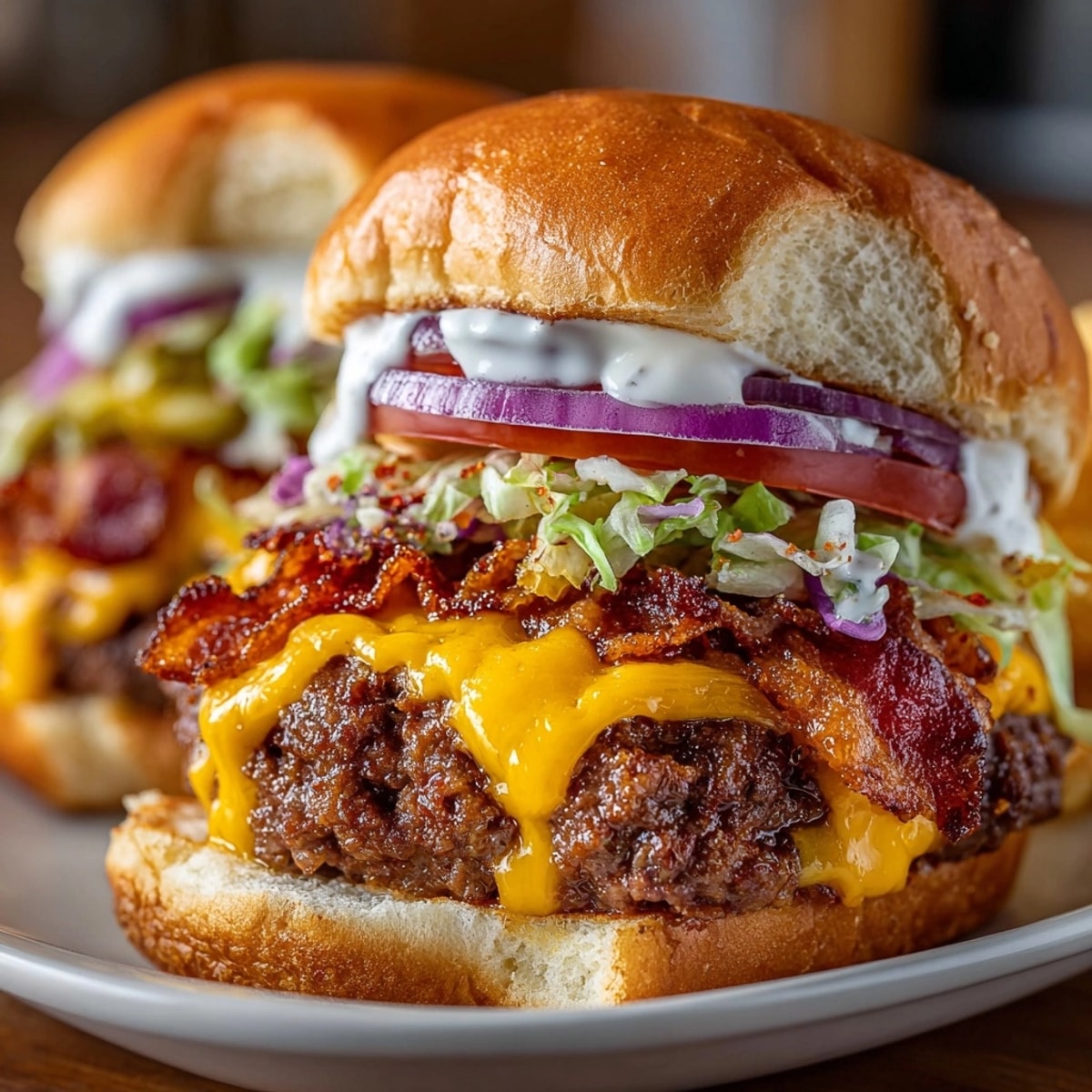 Ultimate Bacon Cheeseburger Sliders with Secret Sauce stacked on toasted buns, cheese melting and bacon crisp.