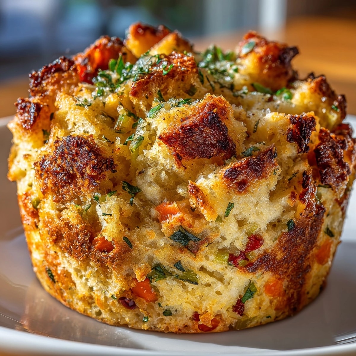 Sourdough stuffing muffins with sage baked golden, showing crisp tops and tender vegetable pieces.