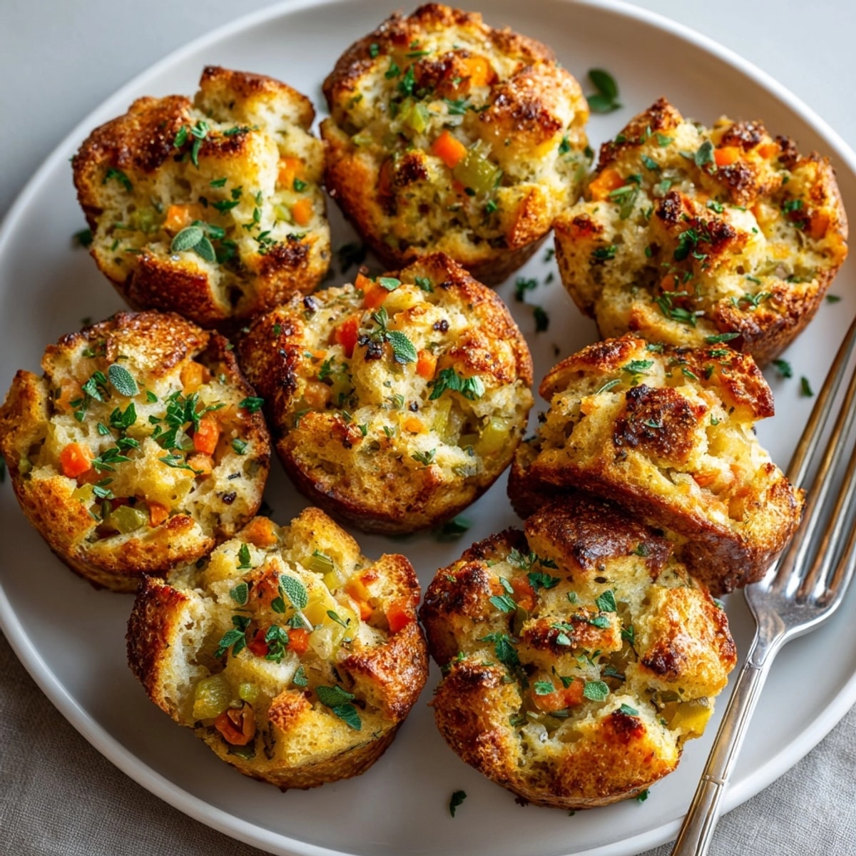 Close-up of savory sourdough stuffing muffins with sage, bursting with herbs and hearty vegetables.