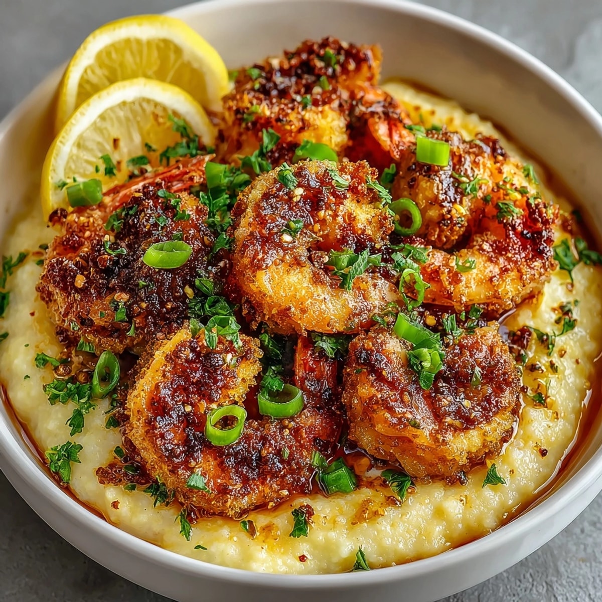 Crispy Cajun Shrimp and Grits Bowls topped with spicy butter sauce and fresh herbs.
