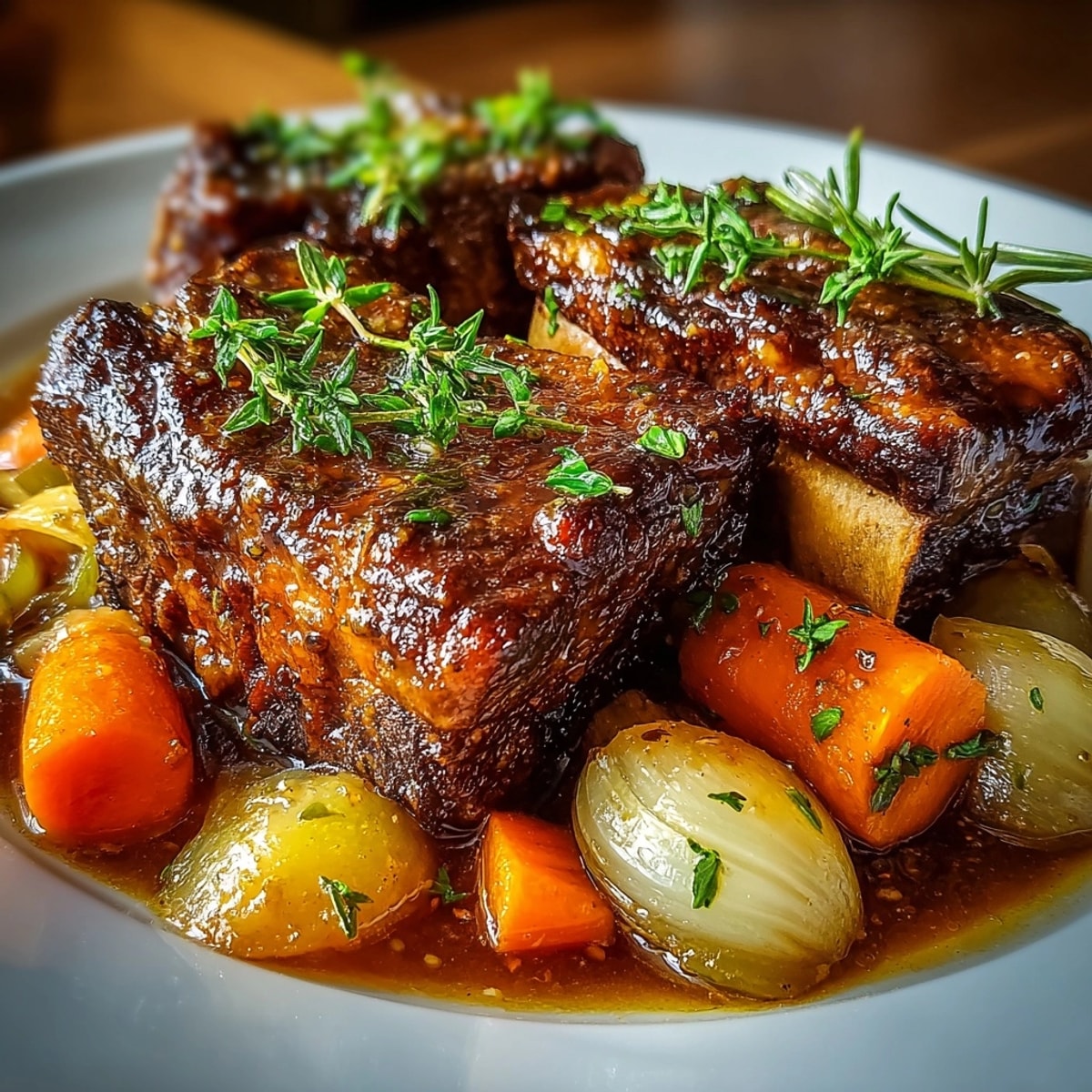 Apple Cider Braised Short Ribs served with rustic vegetables in a glossy, aromatic sauce.