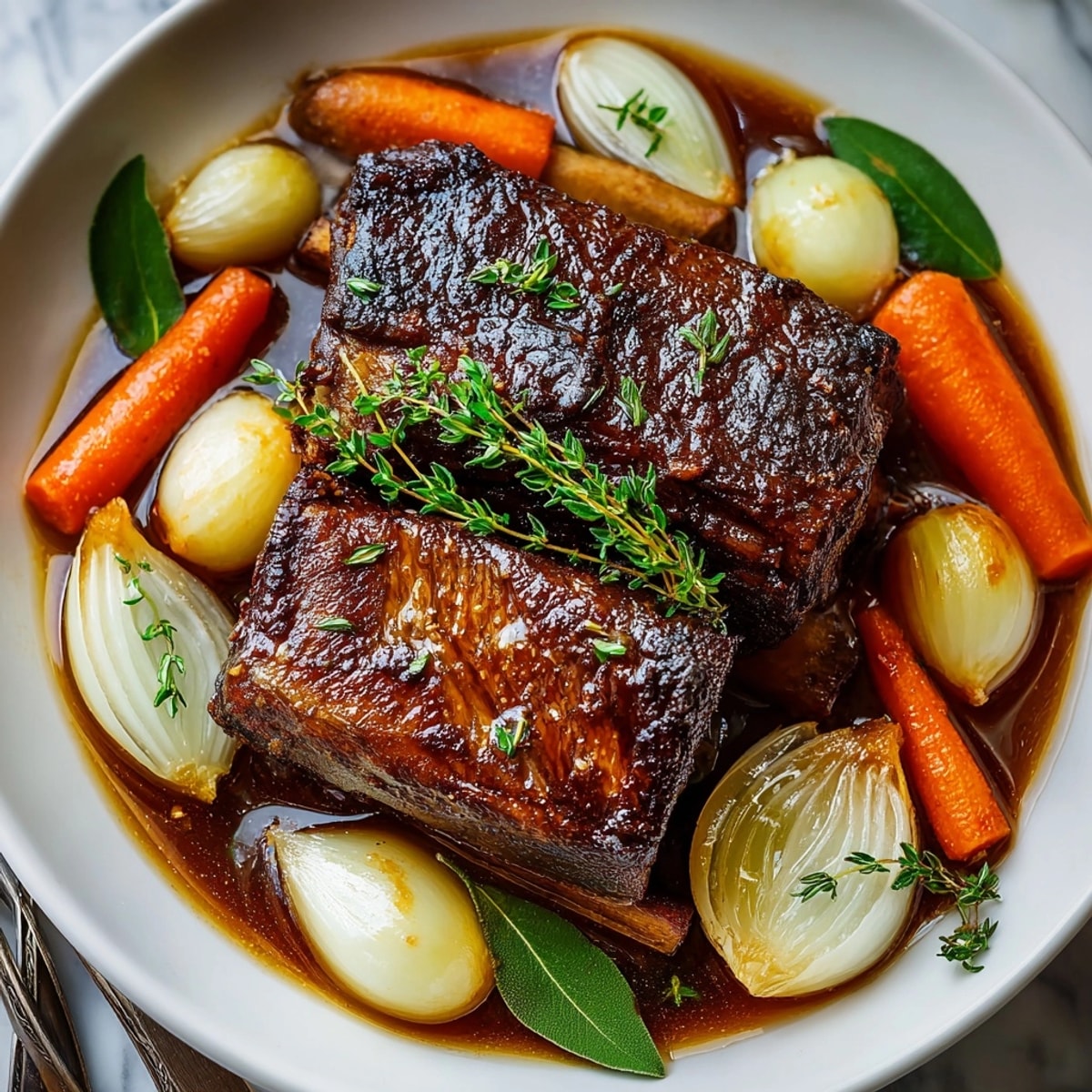 Juicy apple cider braised short ribs plated atop mashed potatoes for a hearty fall dinner.