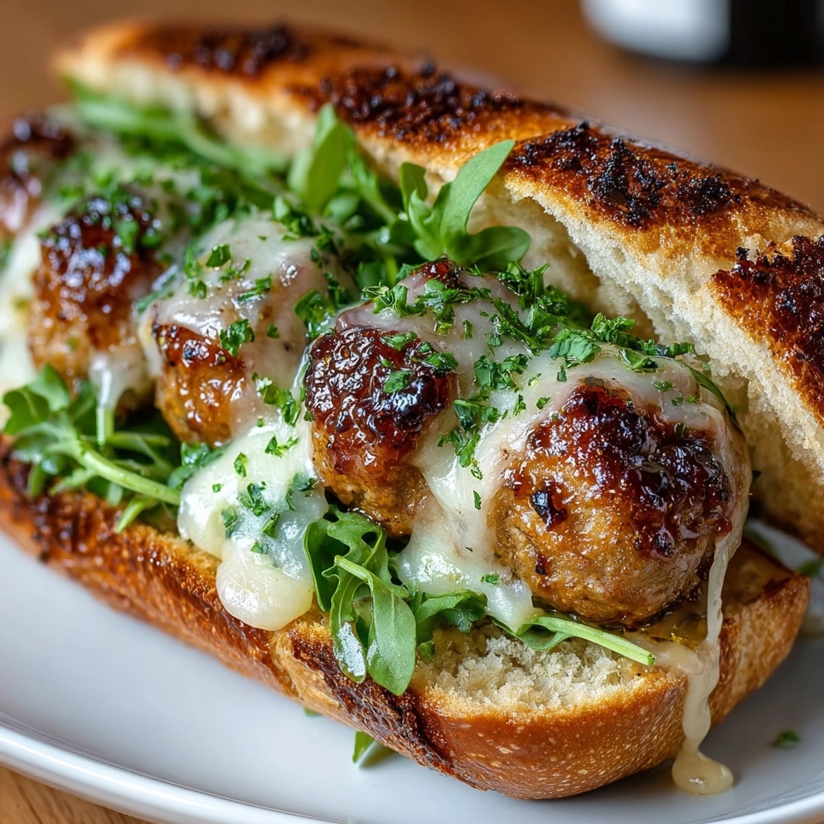 Maple Glazed Turkey Meatball Subs served hot on toasted rolls, oozing melted provolone cheese.