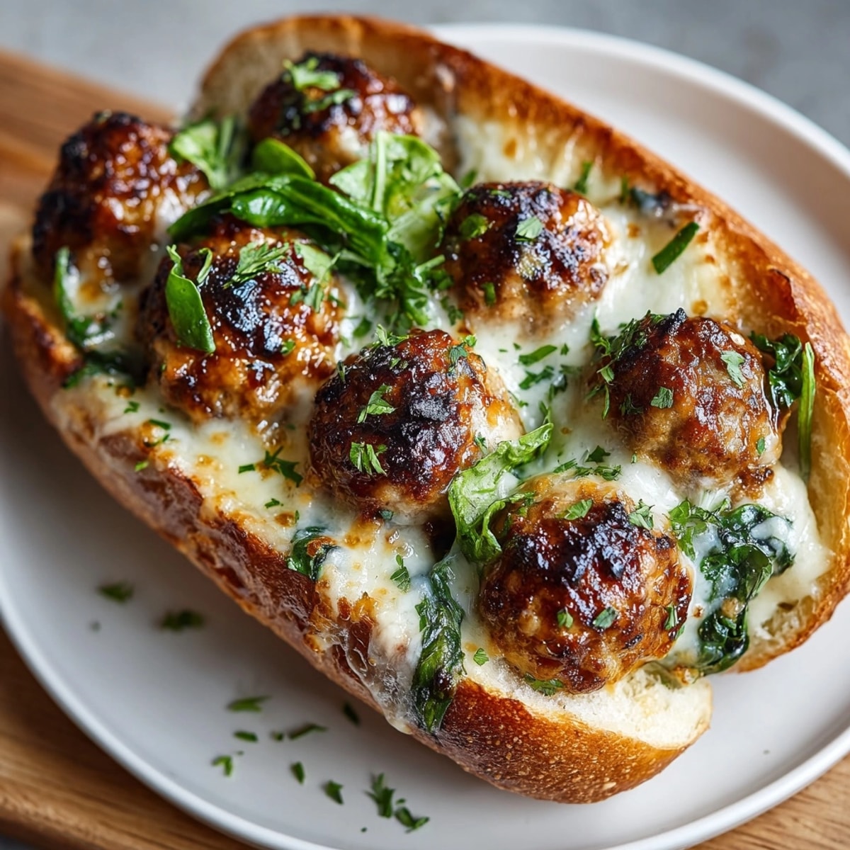 Golden turkey meatballs glazed with maple sauce in sub rolls, topped with fresh spinach.