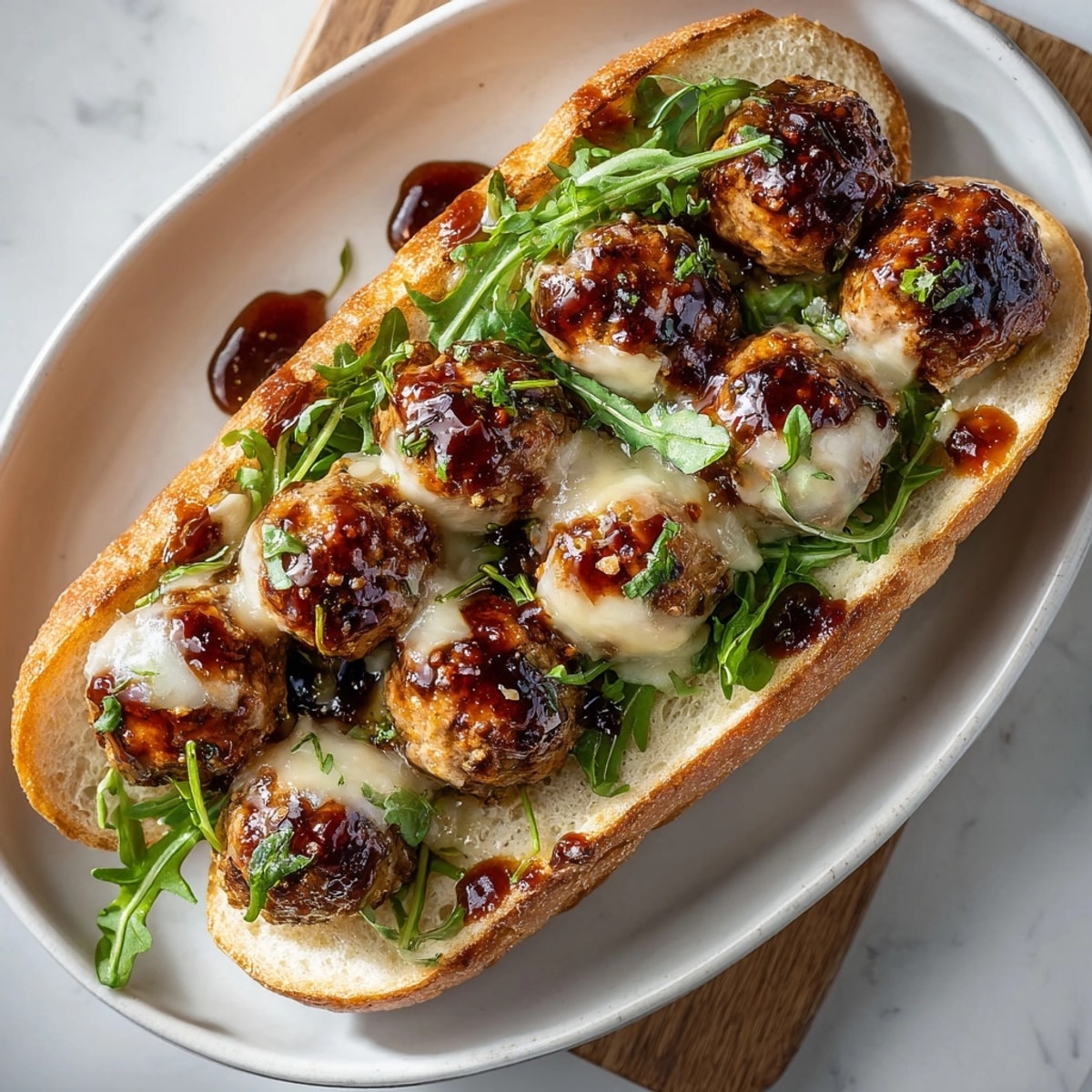 Hearty Maple Glazed Turkey Meatball Subs ready to eat, featuring sweet-savory flavors and leafy greens.
