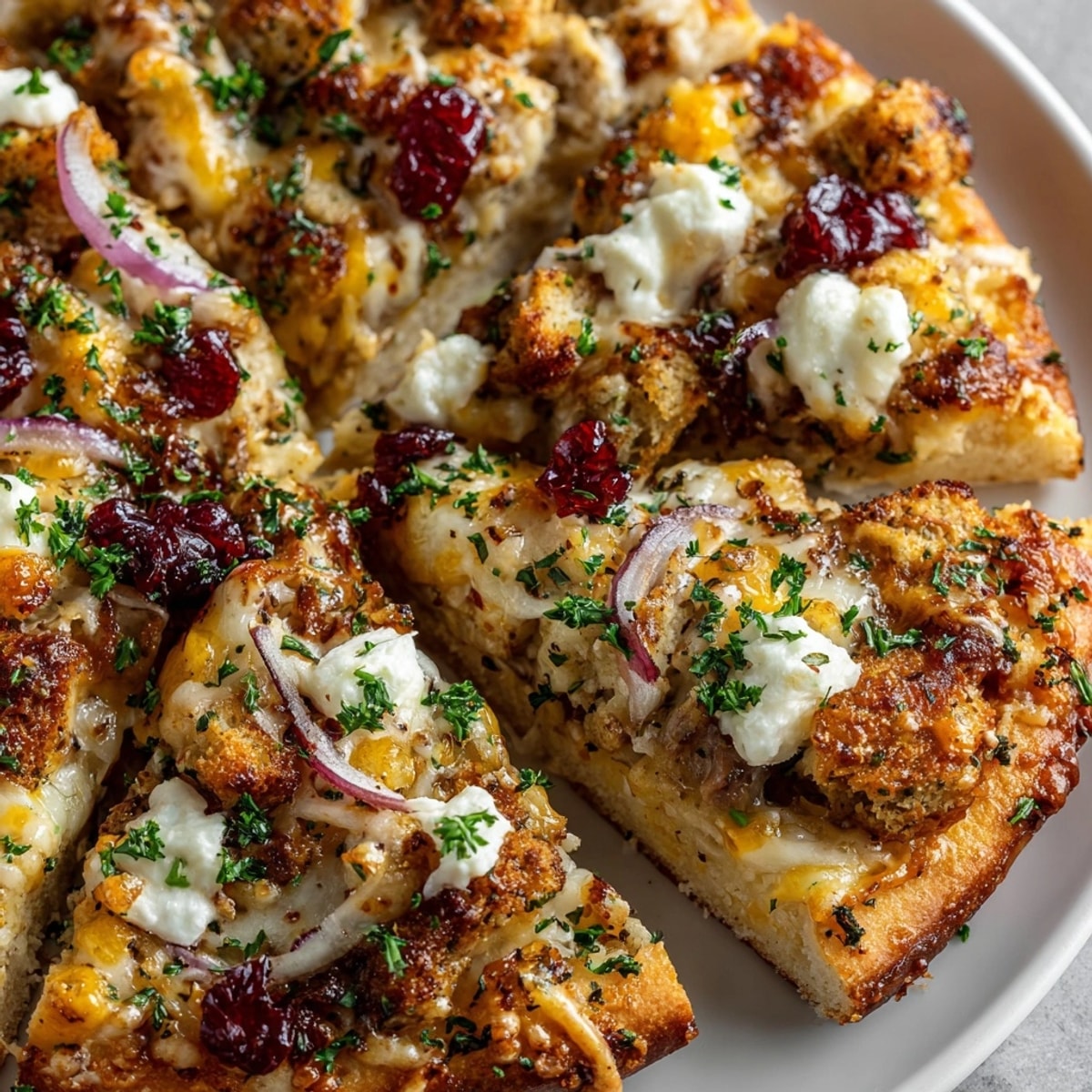 Loaded Thanksgiving Leftover Pizza with golden cheese, juicy turkey, and cranberry sauce on a crispy crust