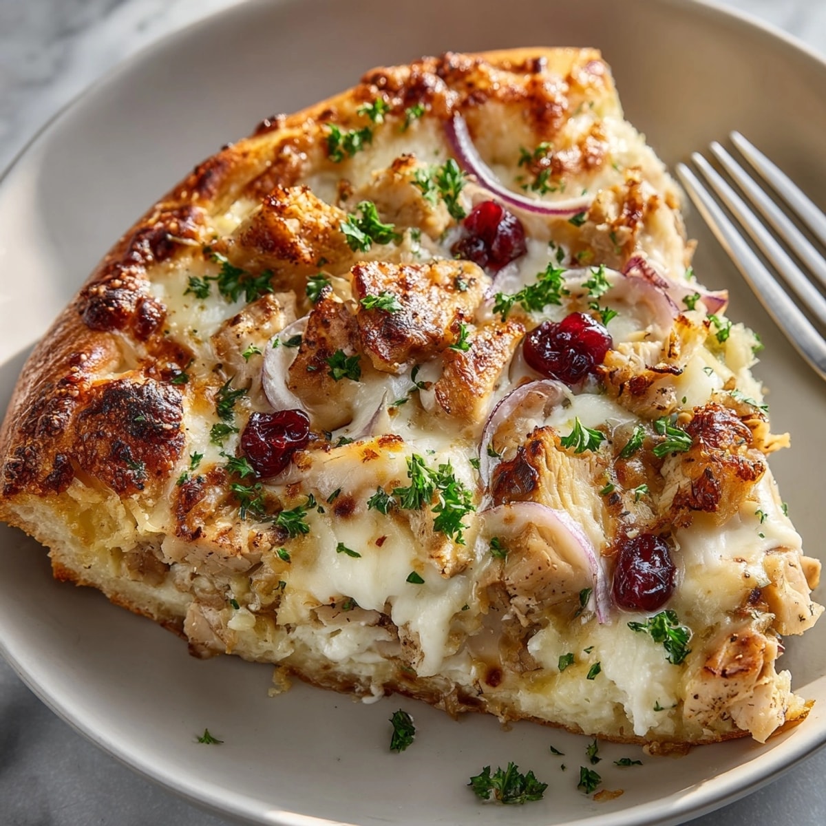 Freshly baked Loaded Thanksgiving Leftover Pizza topped with bubbling cheese, stuffing, and herbs