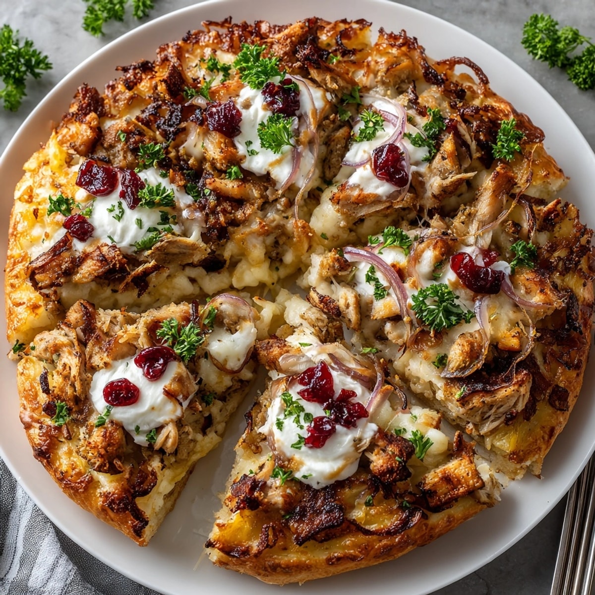 Sliced Loaded Thanksgiving Leftover Pizza featuring mashed potatoes and roasted turkey, drizzled with gravy