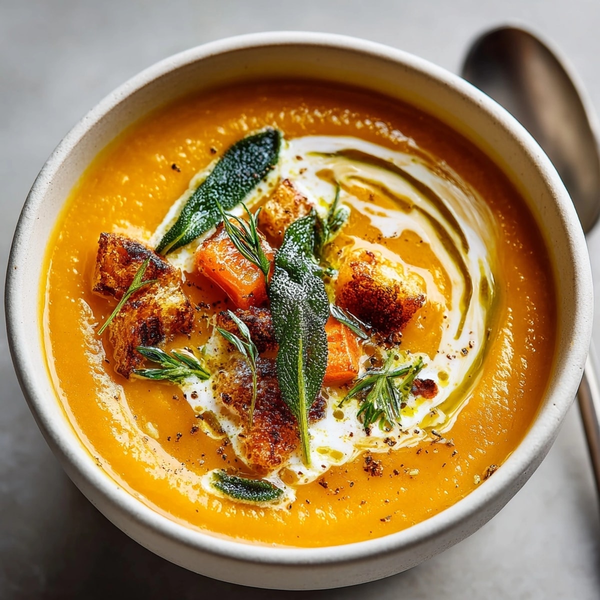 Bowl of brown butter sage butternut squash soup topped with crispy sage, steaming hot.