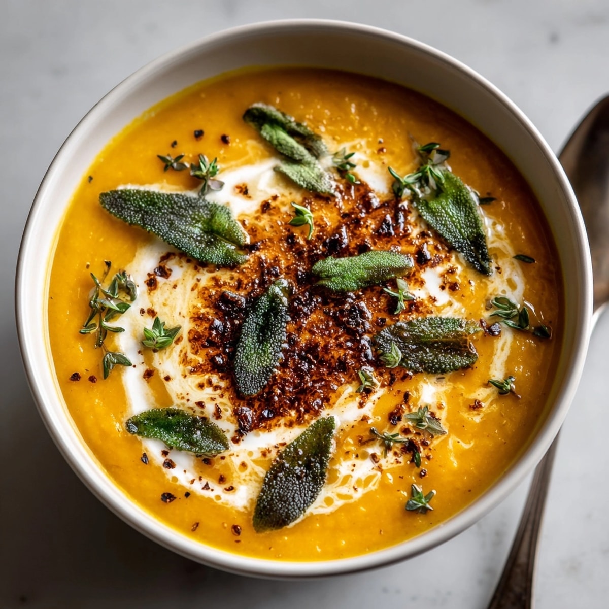 Velvety brown butter sage butternut squash soup in a rustic bowl, garnished for autumn comfort.