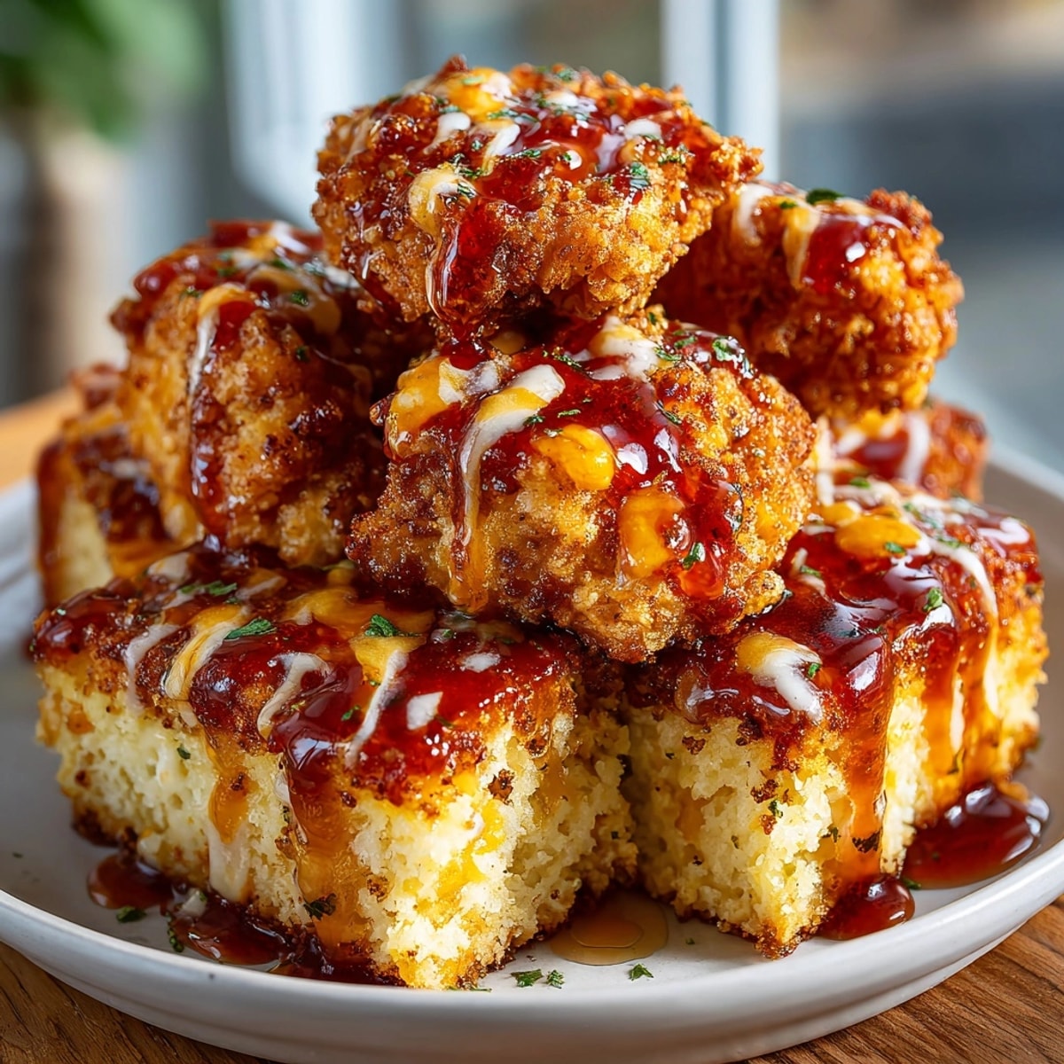 Nashville Hot Honey Cornbread Casserole fresh from the oven, golden crust and drizzled with spicy honey.