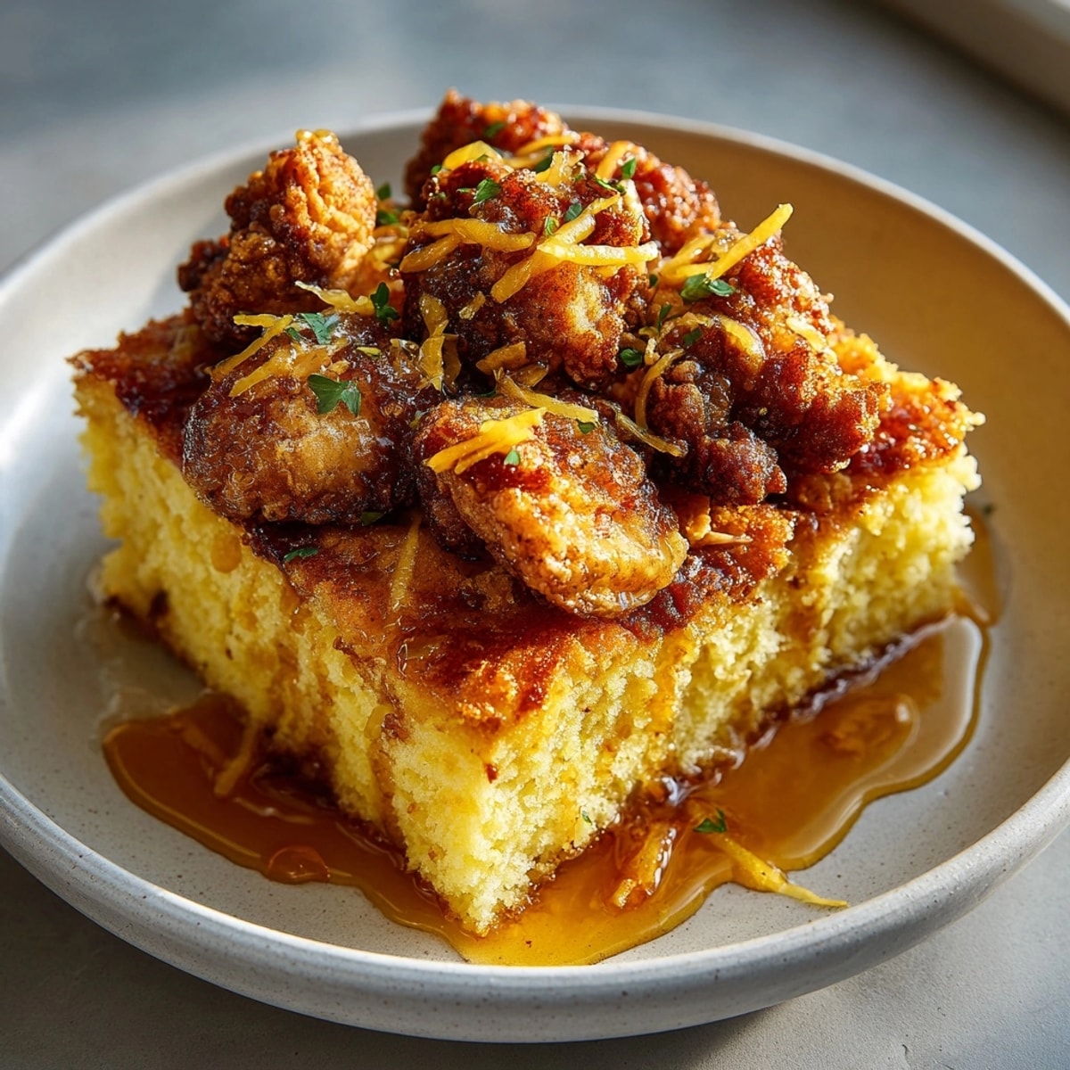 Hearty Nashville Hot Honey Cornbread Casserole portioned onto plates, steam rising, perfect for a comforting Southern dinner.