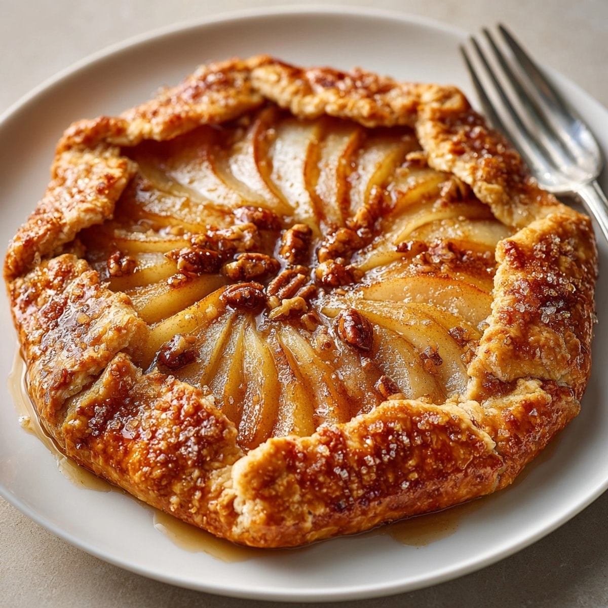 Golden spiced pear and pecan galette with flaky pastry, perfect for cozy fall desserts