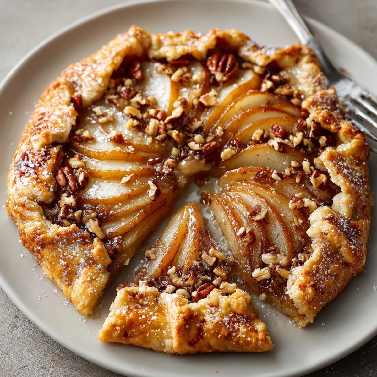 Freshly baked spiced pear and pecan galette on parchment, warm and ready to serve