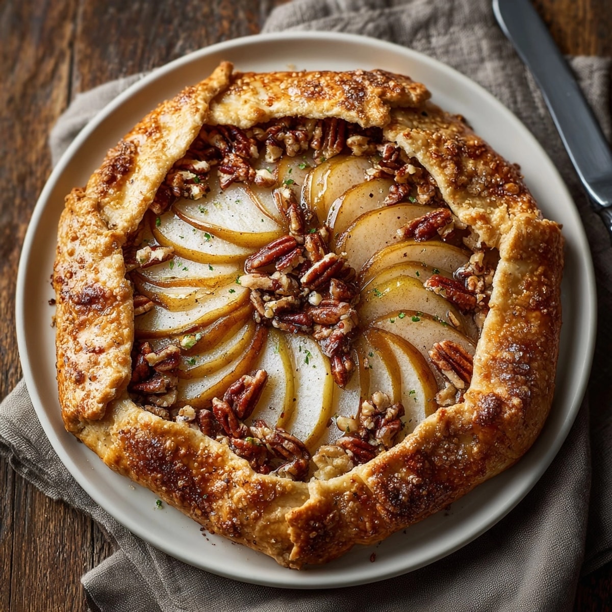 Sliced pear and pecan galette cooling, rustic crust and bubbling spiced fruit filling inside