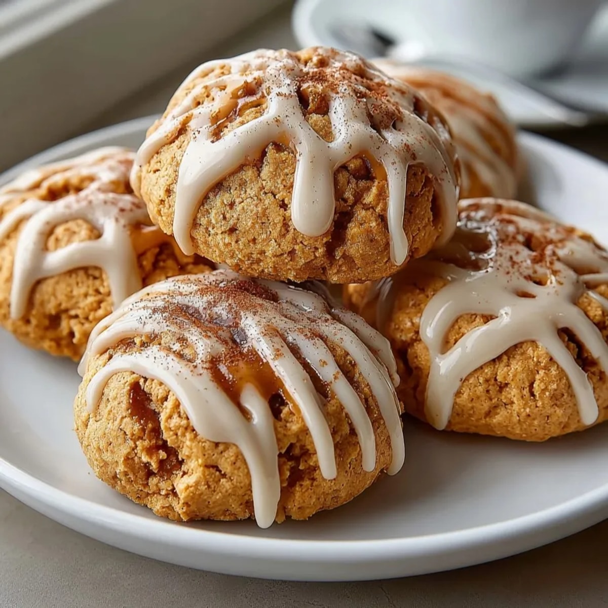 Soft pumpkin spice latte cookies topped with creamy espresso glaze on a cooling rack