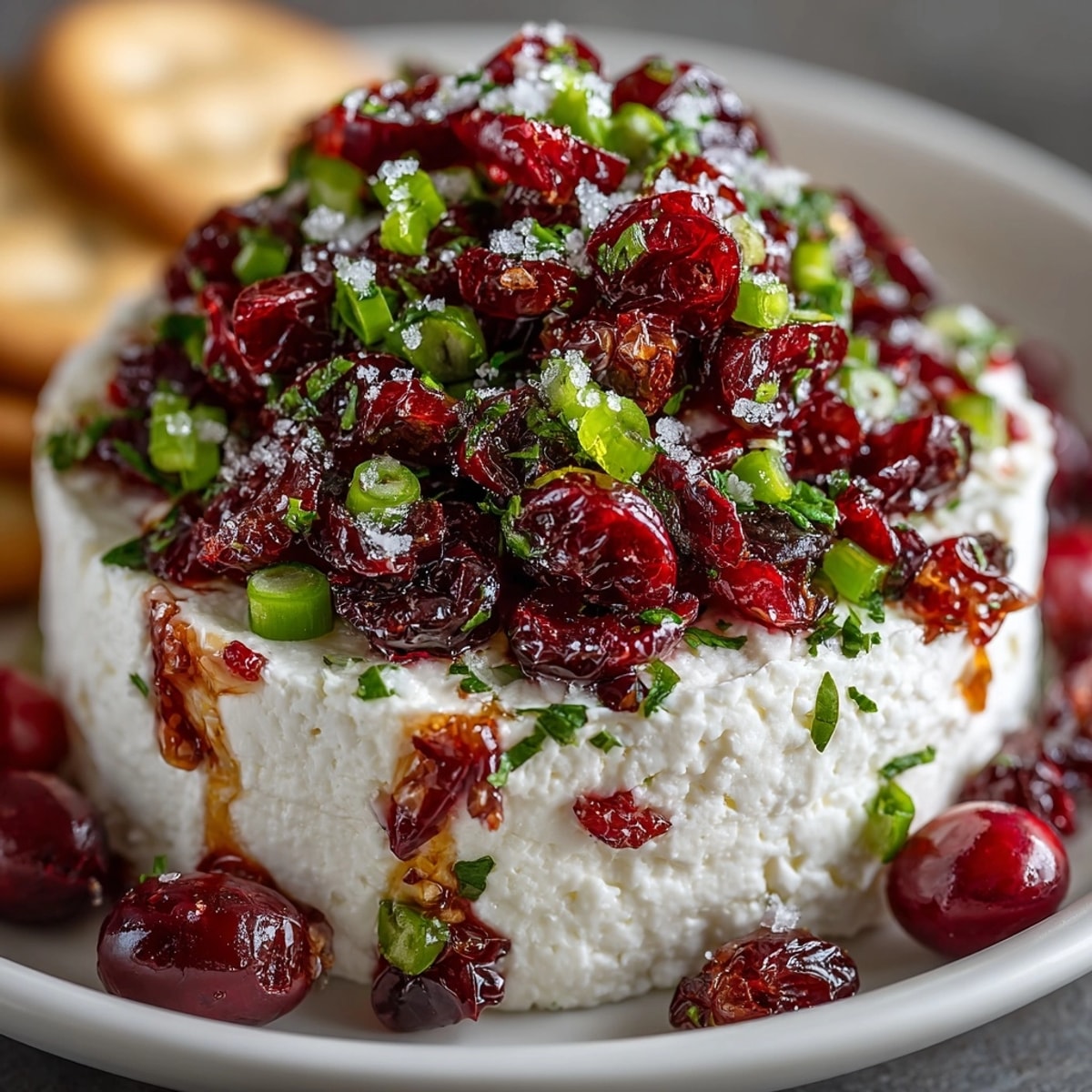 Cranberry Jalapeño Cream Cheese Dip topped with vibrant cranberry relish and fresh herbs, ready to serve.
