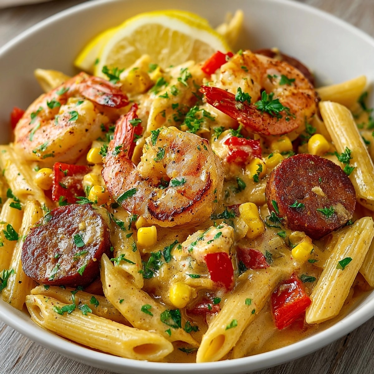 Cajun Seafood Boil Pasta in a creamy zesty sauce, topped with lemon and parsley.