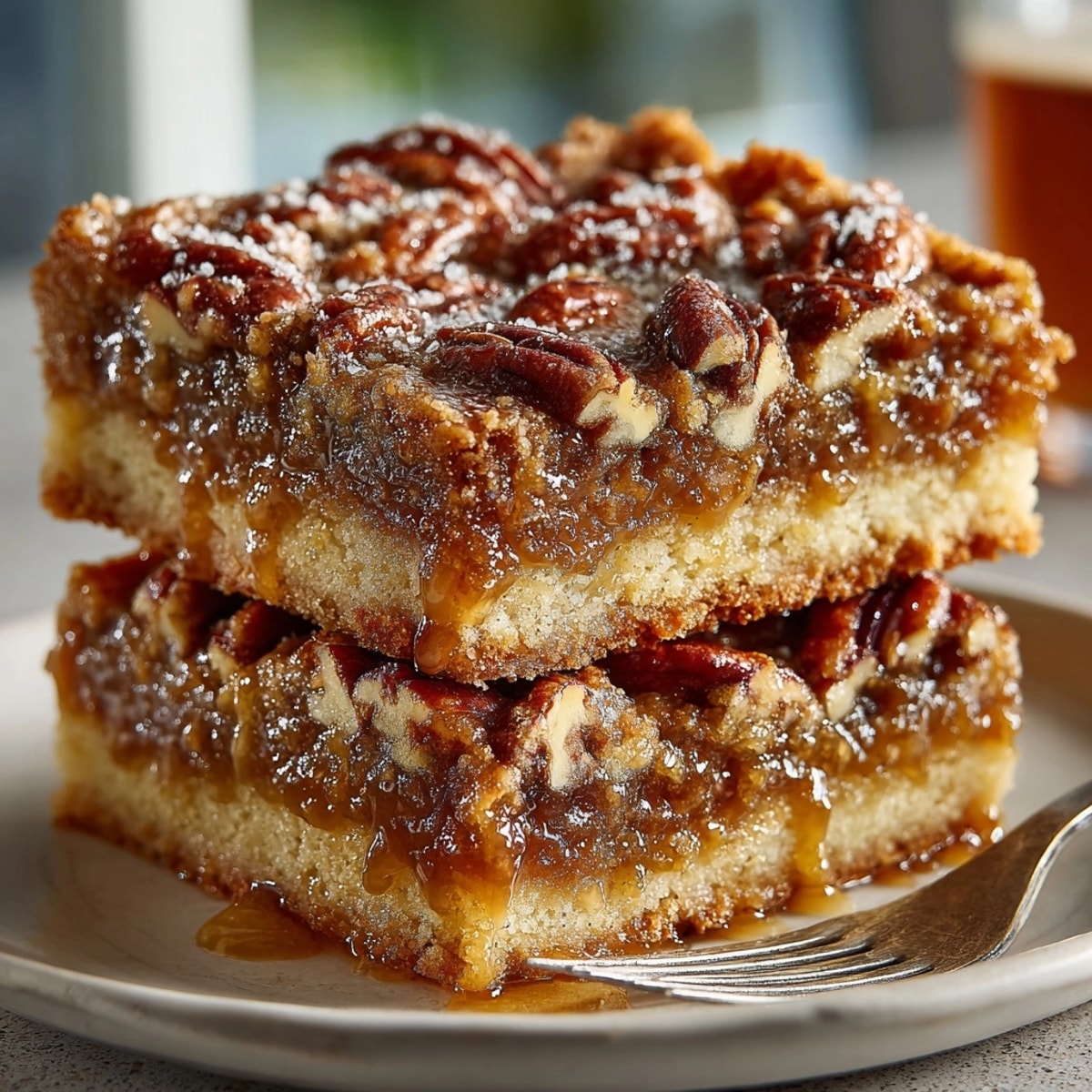 Golden Bourbon Pecan Pie Bars served on a platter, showcasing gooey filling and crunchy pecans