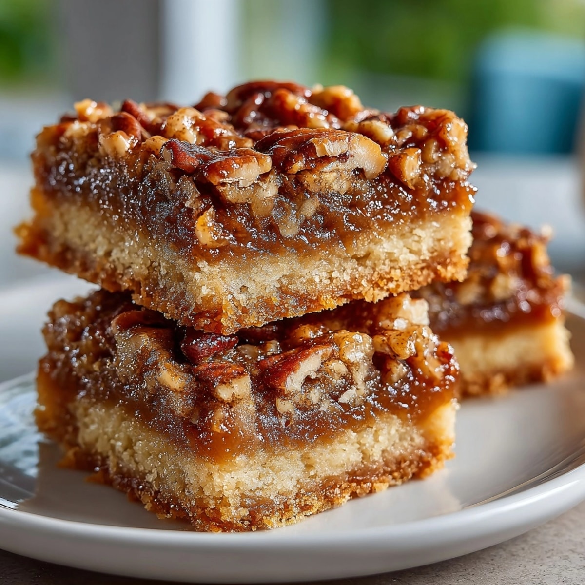 Close-up of sliced Bourbon Pecan Pie Bars with rich shortbread crust and glossy caramelized topping