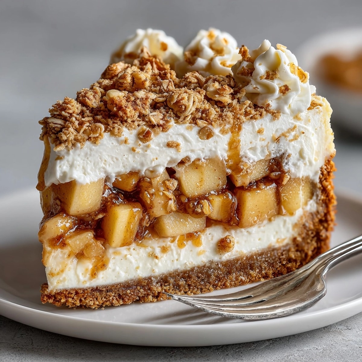 Chai-Spiced Apple Crisp Cheesecake topped with golden oat crumble, served on a rustic table.