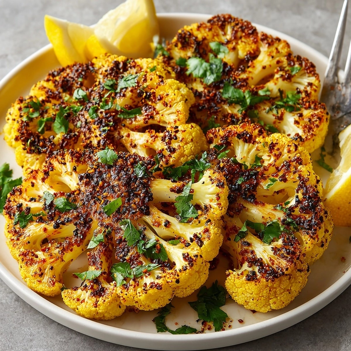 Golden Turmeric Cauliflower Steaks roasted until crisp, garnished with fresh herbs and lemon wedges.