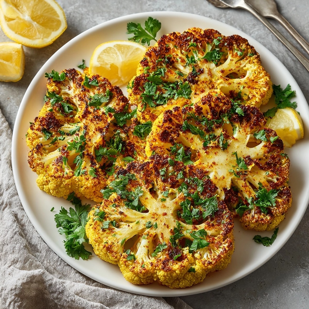 Sliced golden turmeric cauliflower steaks plated as a vibrant, healthy vegan main dish for dinner.