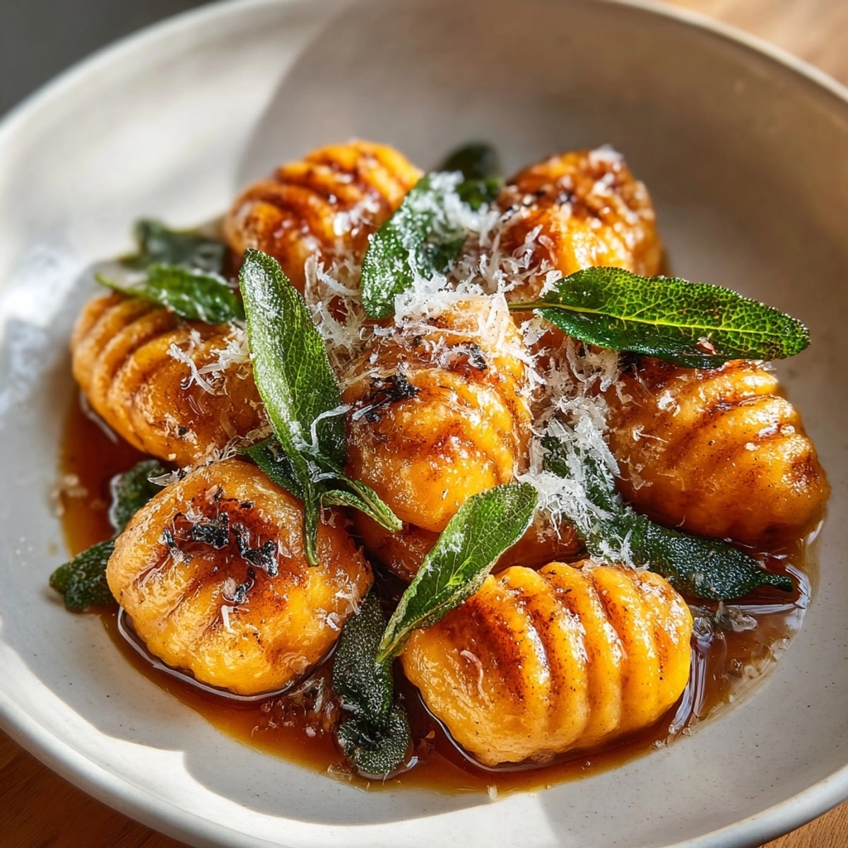 Sweet Potato Gnocchi with Brown Butter served hot, topped with golden crispy sage leaves.