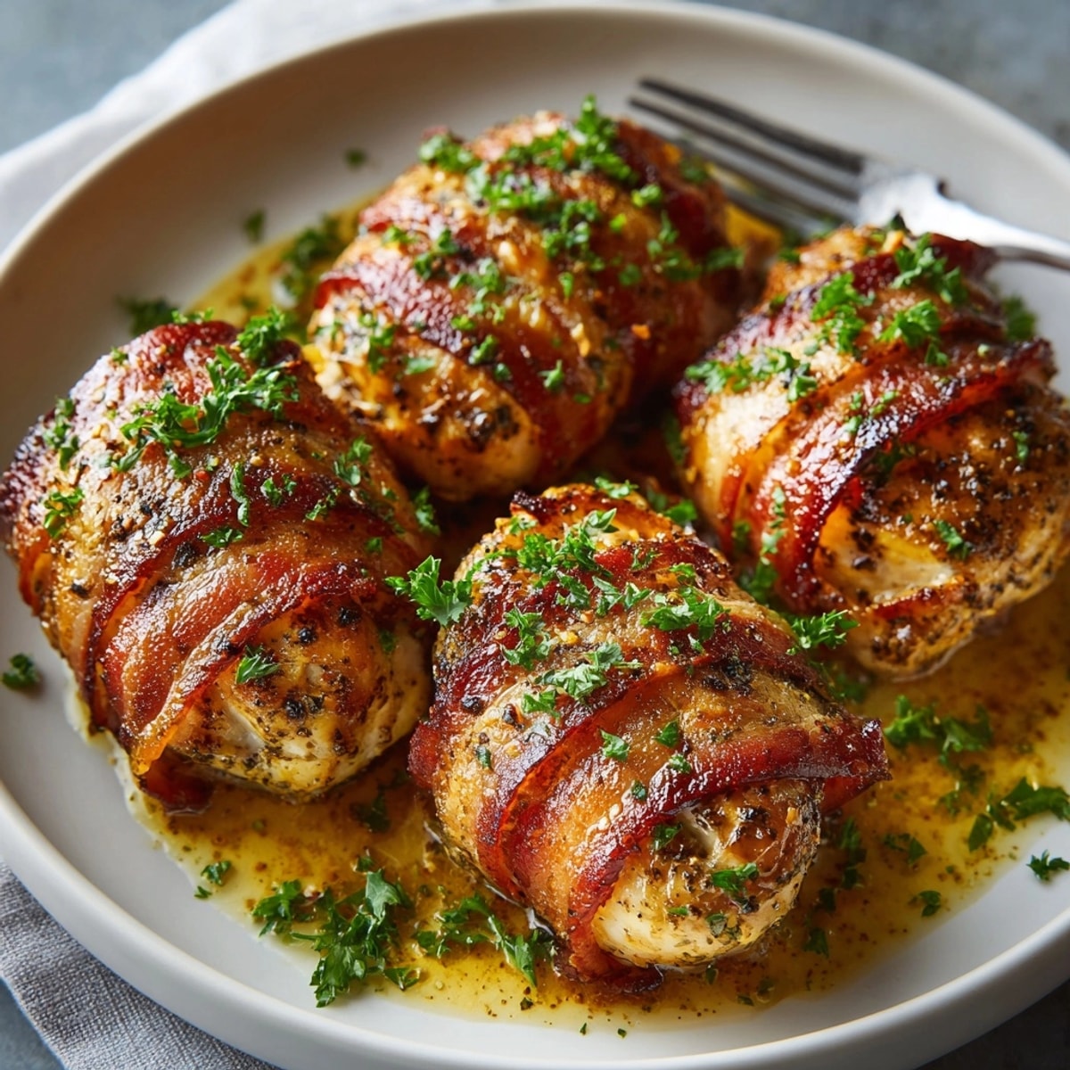 Golden bacon wrapped honey mustard chicken thighs garnished with fresh parsley on a baking rack
