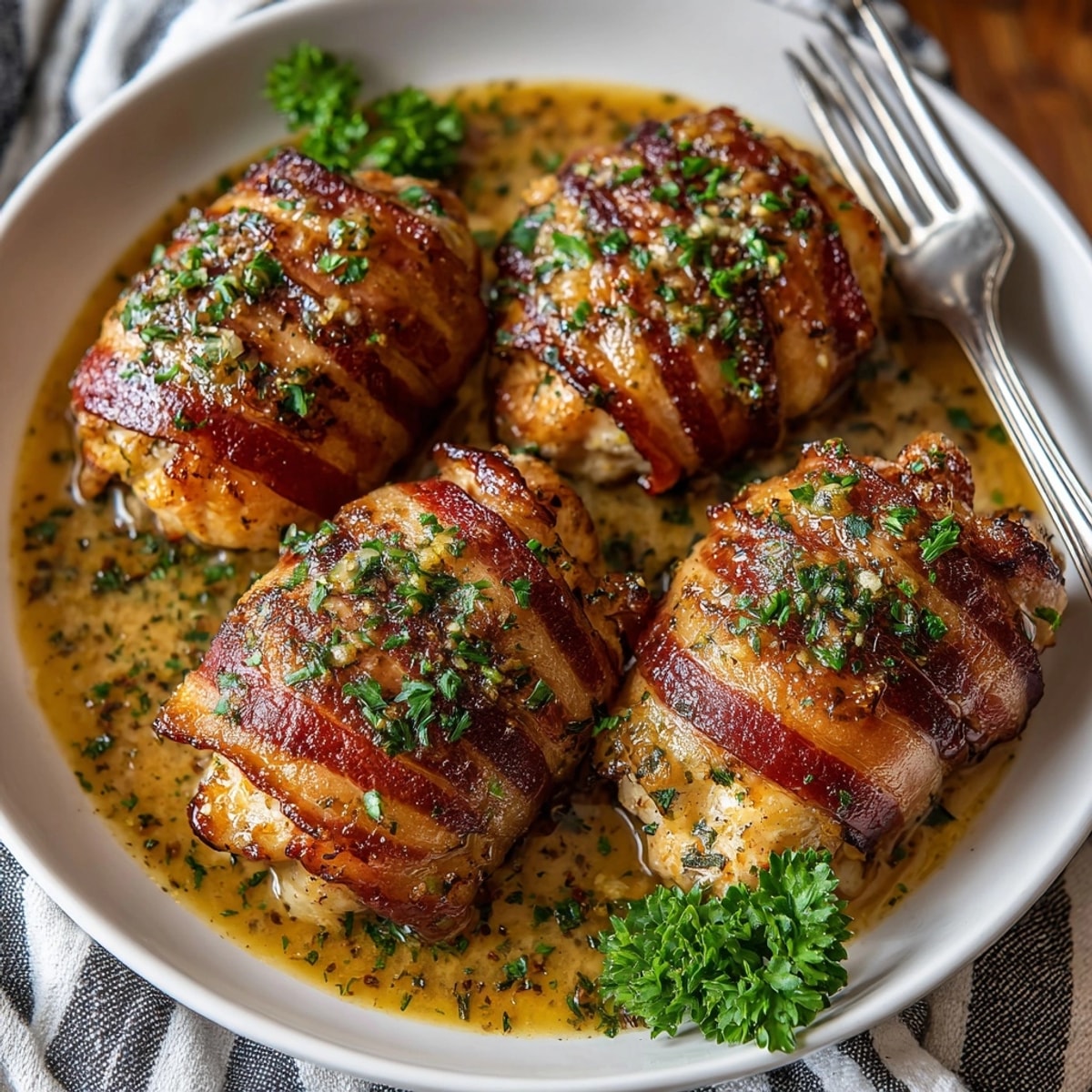 Juicy honey mustard chicken thighs enveloped in bacon, plated with vibrant parsley and side dishes