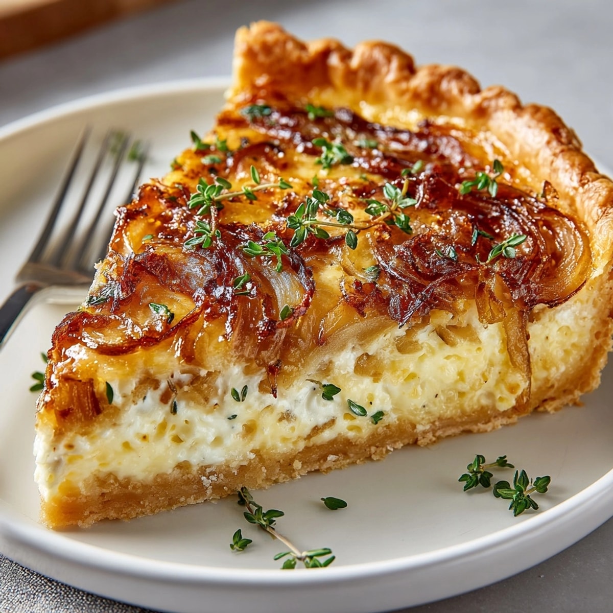 Caramelized Onion and Gruyere Tart served golden-brown on a rustic wooden board, flaky crust visible.