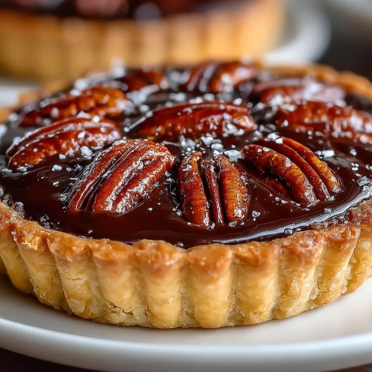 Chocolate Bourbon Pecan Tart on a rustic wood table, pecans glistening in gooey chocolate filling