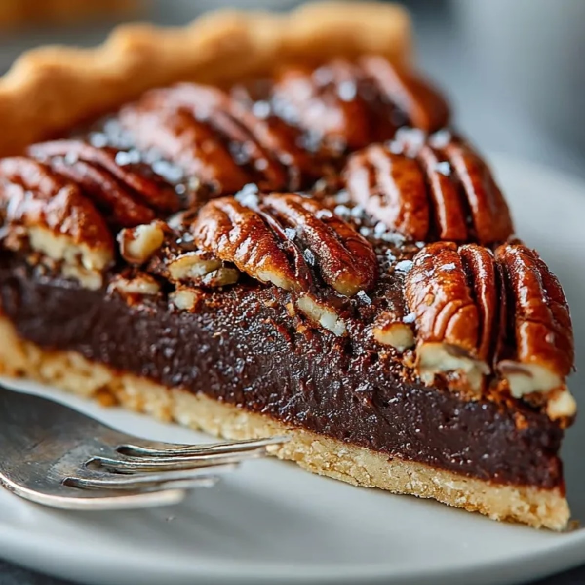 Freshly baked Chocolate Bourbon Pecan Tart sliced and topped with whipped cream for a Southern dessert
