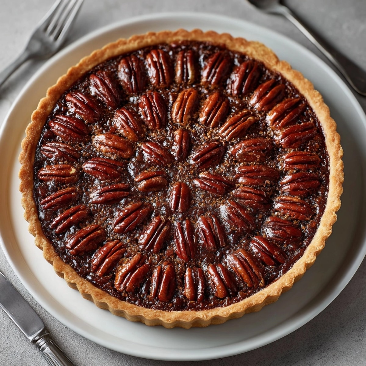 Decadent Chocolate Bourbon Pecan Tart in golden pastry crust, rich aroma of chocolate and bourbon