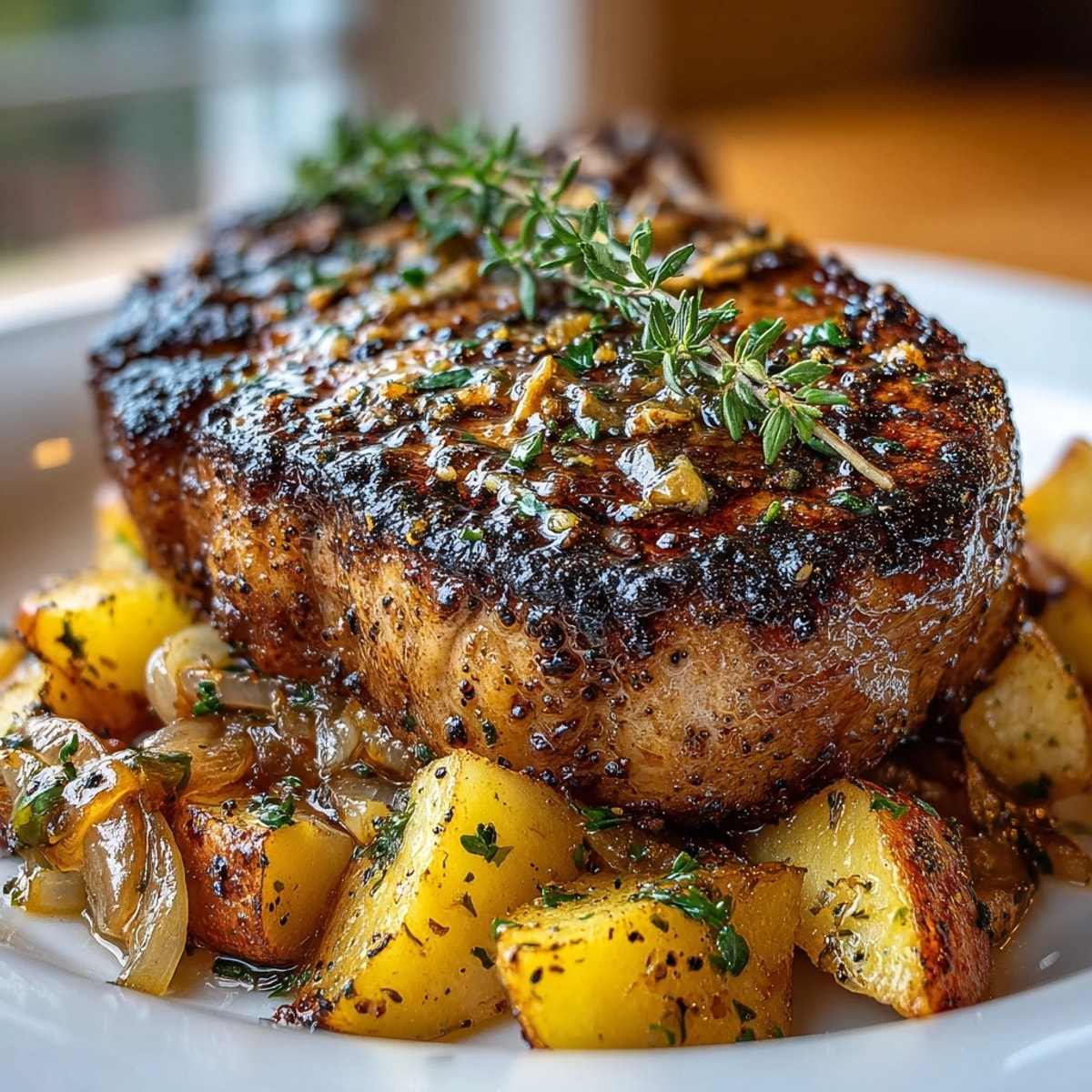 Cider braised pork chops with apples nestled in a skillet, surrounded by golden onions.