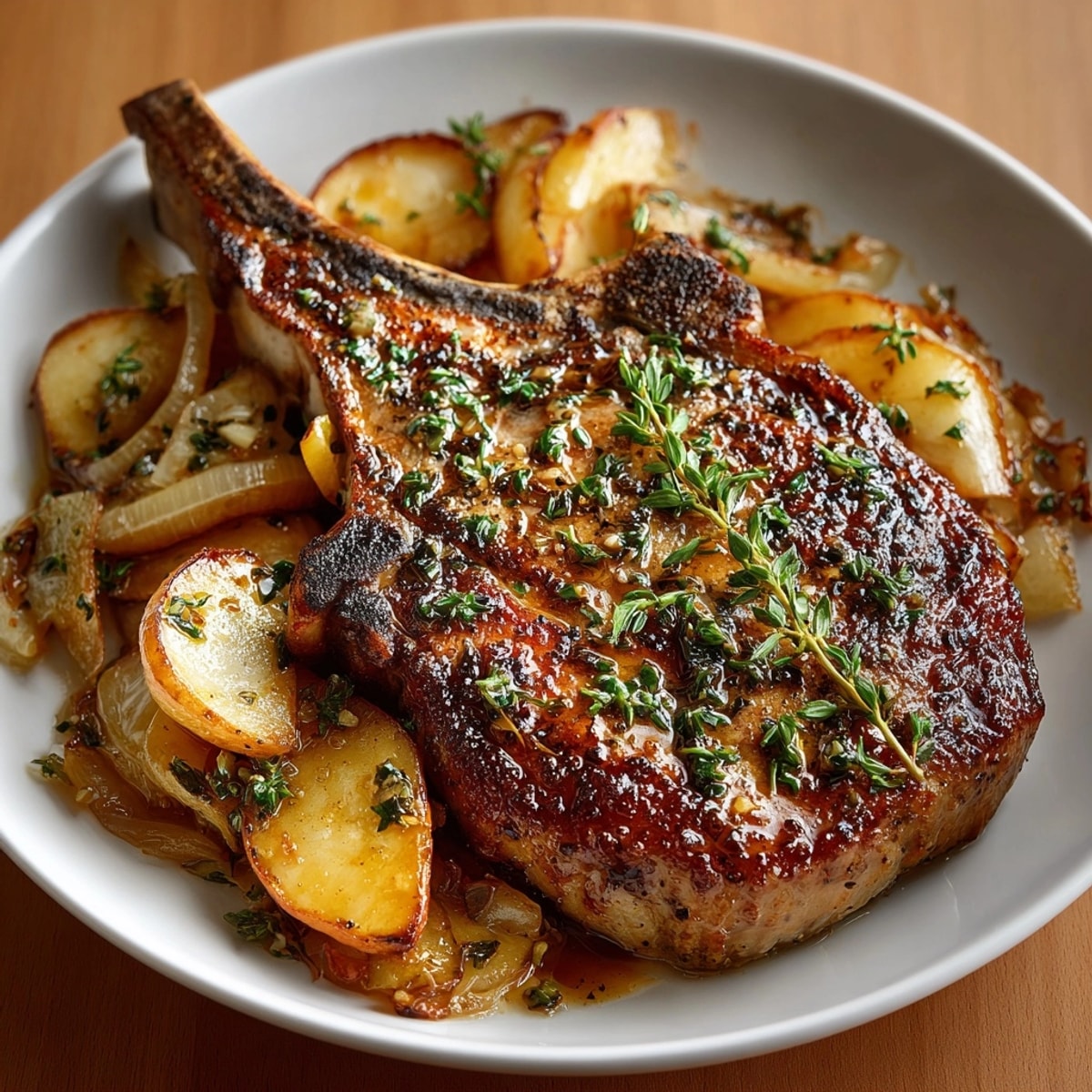 Juicy pork chops in rich apple cider, topped with caramelized apples and fresh thyme.