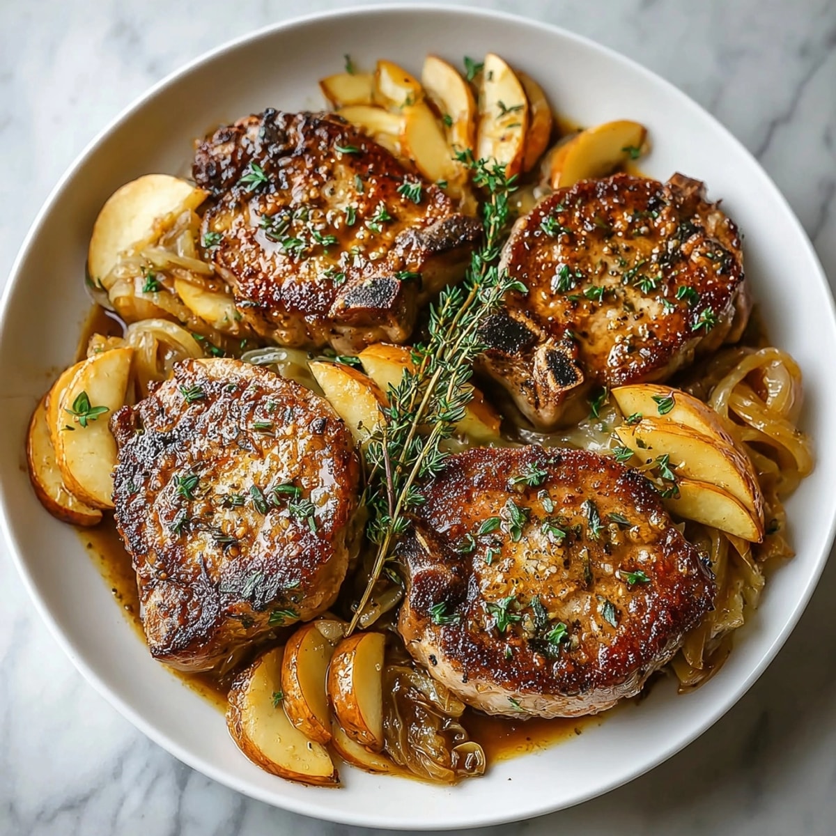 Hearty cider braised pork chops with apples served family-style for a cozy autumn dinner.