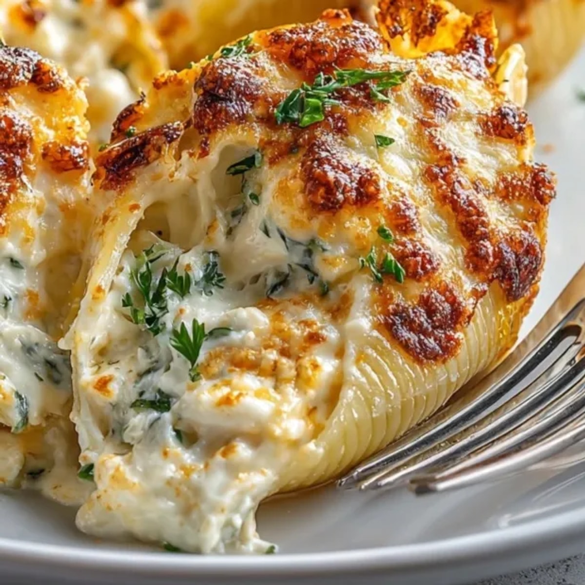 Pumpkin Alfredo Stuffed Shells baked golden, topped with bubbling mozzarella and fresh parsley garnish.