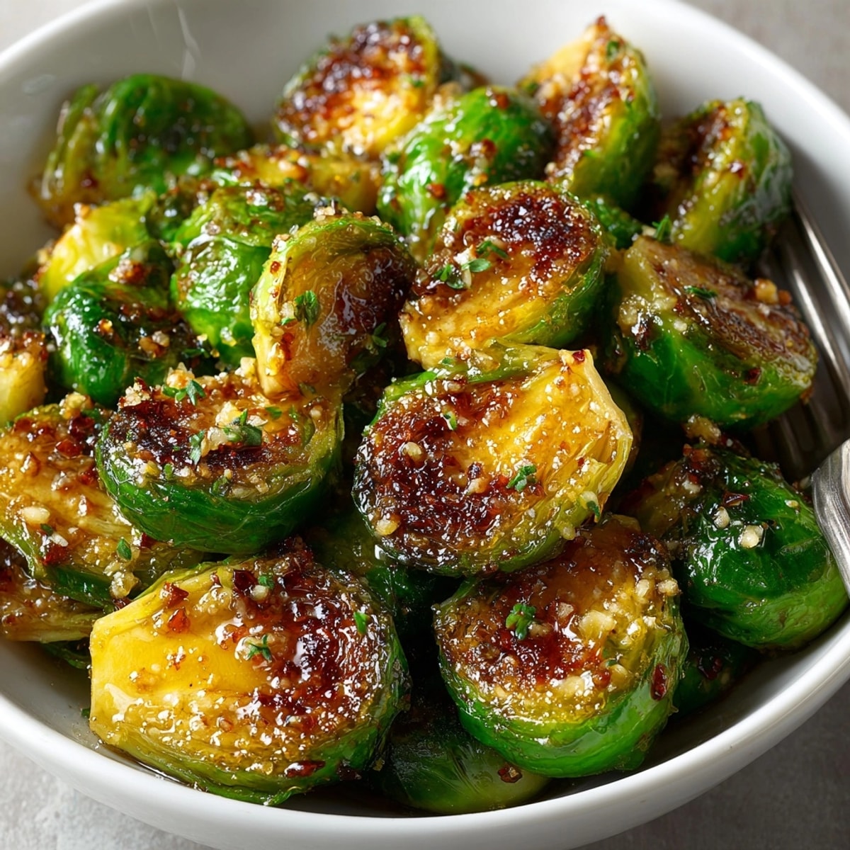Maple Dijon Glazed Brussels Sprouts glisten with a caramelized glaze, ready to serve warm.